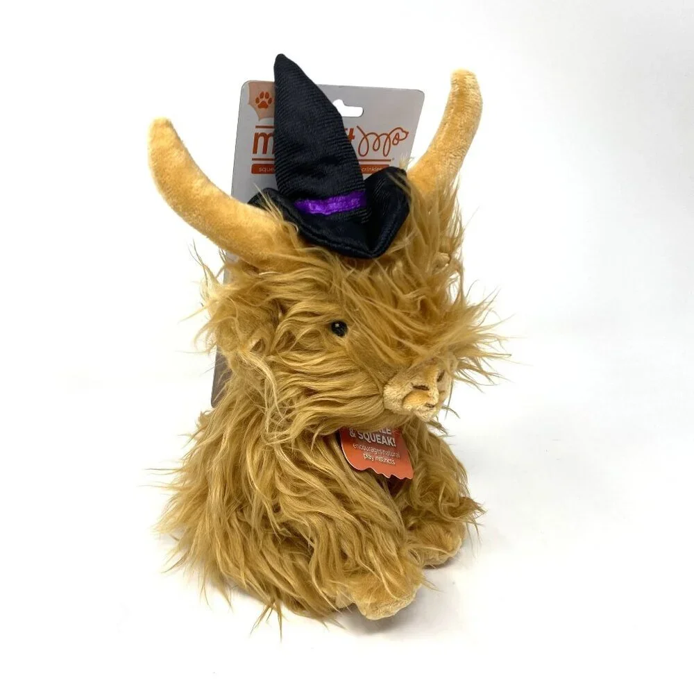 Multipet Highland Cow Witch Hat Dog Interactive Plush Toy Brown Plush Halloween